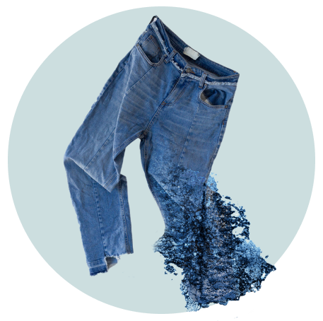 A pair of jeans that a textile recycling company can downcycle into fibers for the non-woven market.